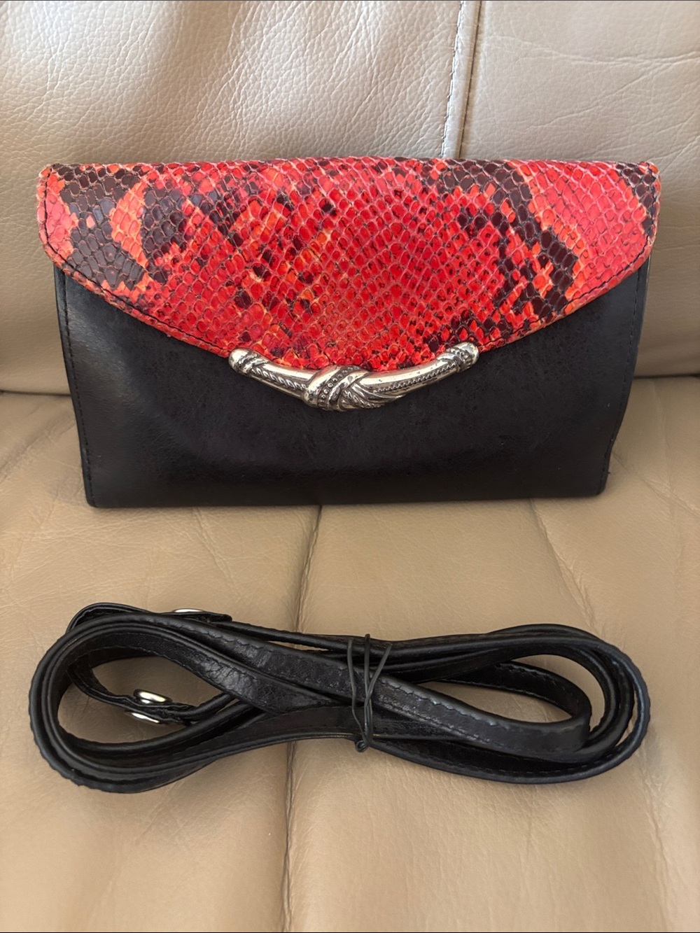 Brighton Vintage Black Leather Clutch with Red Snakeskin Flap